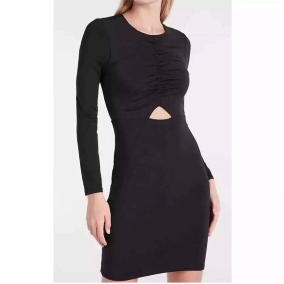 EXPRESS Black Fitted Long Sleeve Cutout Dress Bodycon Ruched Size‎ XS Large New - Picture 3 of 11